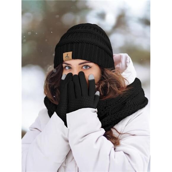 Winter Beanie Scarf Gloves Set Warm Knit Hat Touch Screen Gloves Unisex Adult - Picture 6 of 7
